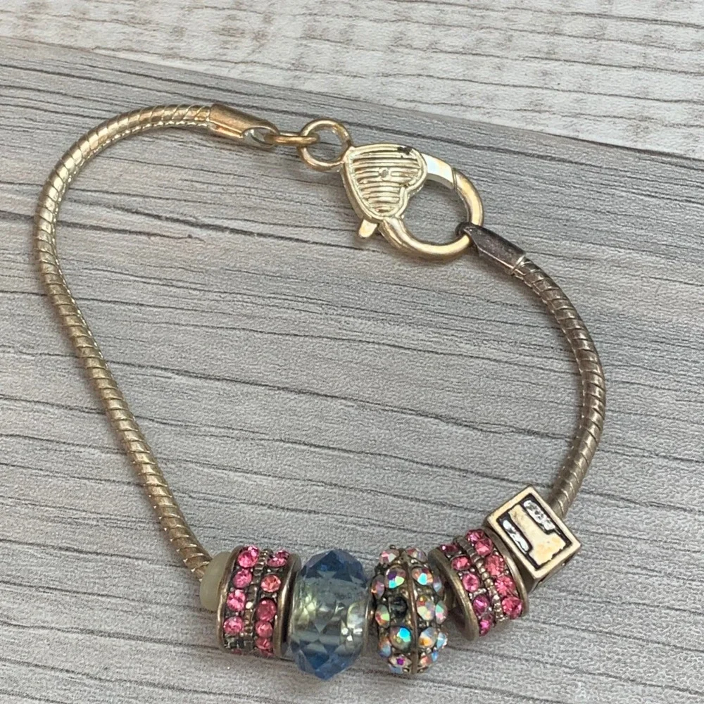 Gold Tone Snake Chain Bracelet Pink Blue Rhinestone Crystal Charms 7 Inch
